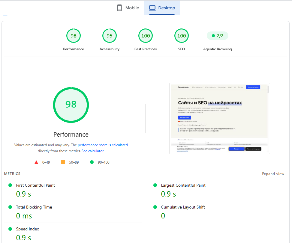 PageSpeed нового сайта Продвигаем на Astro: производительность 98, SEO и Best Practices 100 на десктопе