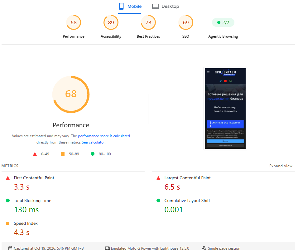 PageSpeed старого сайта Продвигаем на WordPress: производительность 68 на мобильных